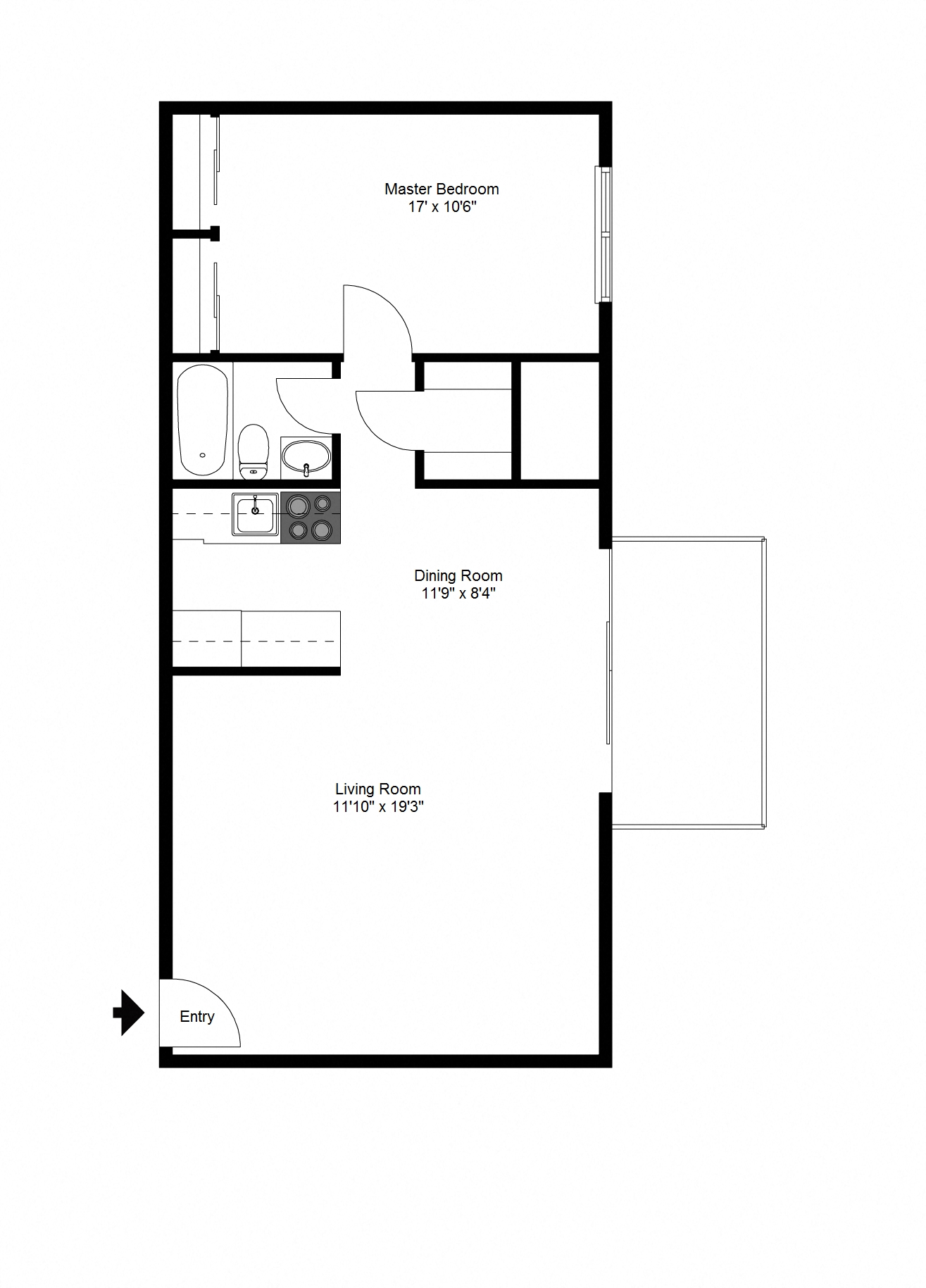 Floor plan for 1 bed, 1 bath, 765 sqft